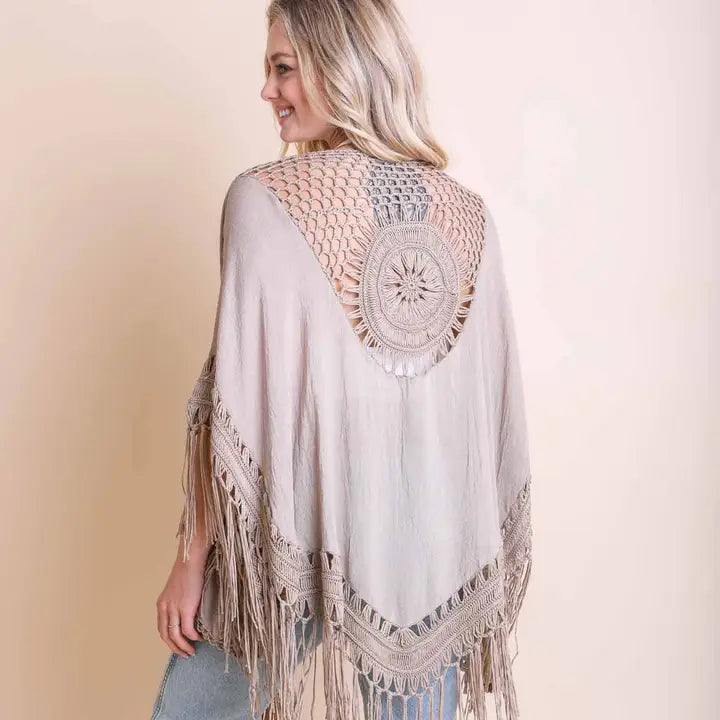 Nina Crochet Back Tasseled Short Kimono Cape