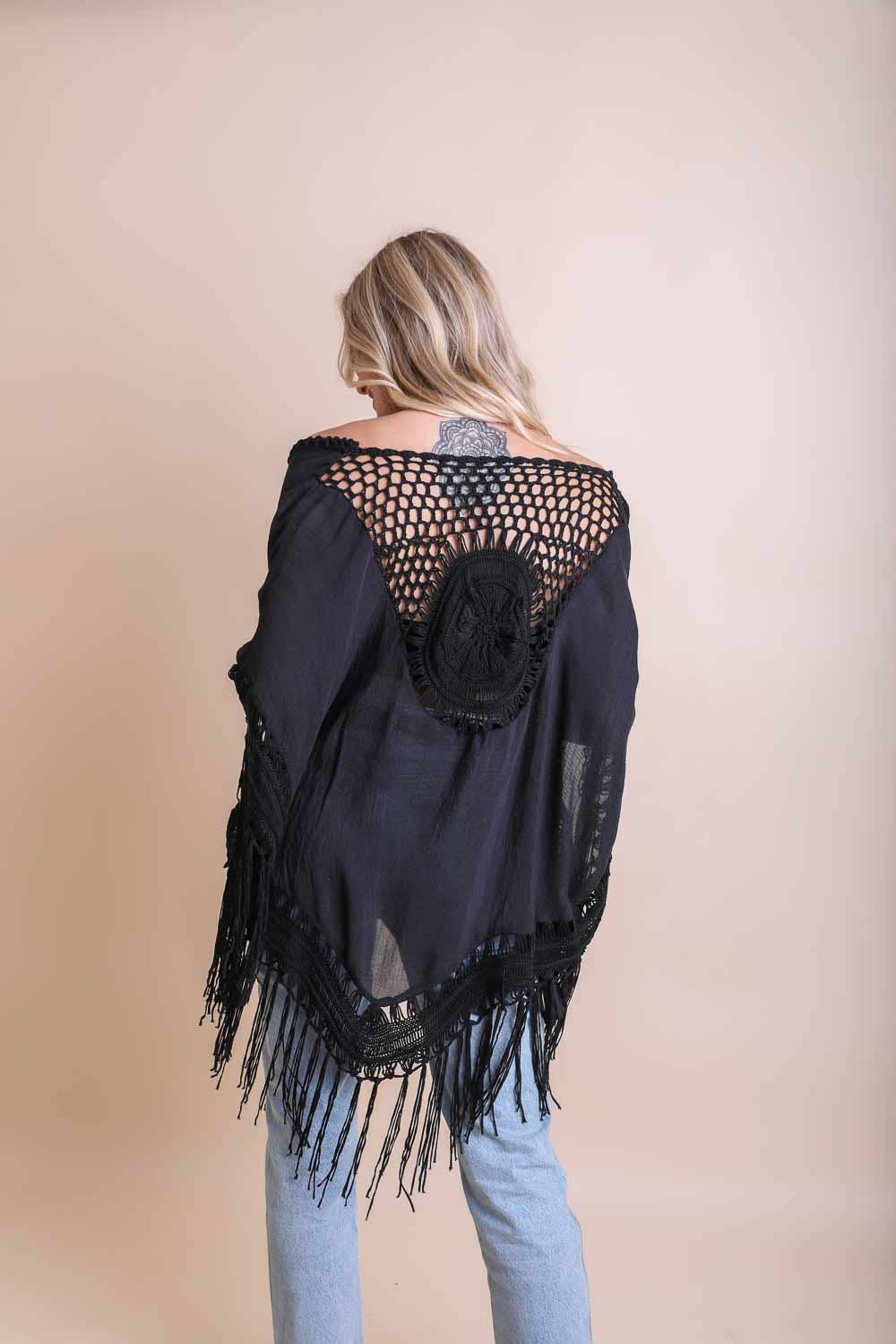 Nina Crochet Back Tasseled Short Kimono Cape