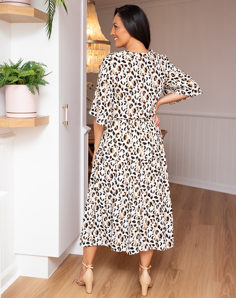 Kitty Animal Print Midi Black White Tan Dress