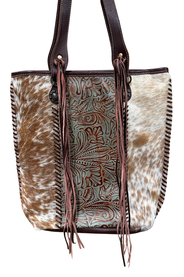 Dakota Hand-Tooled Hide Tote Brown