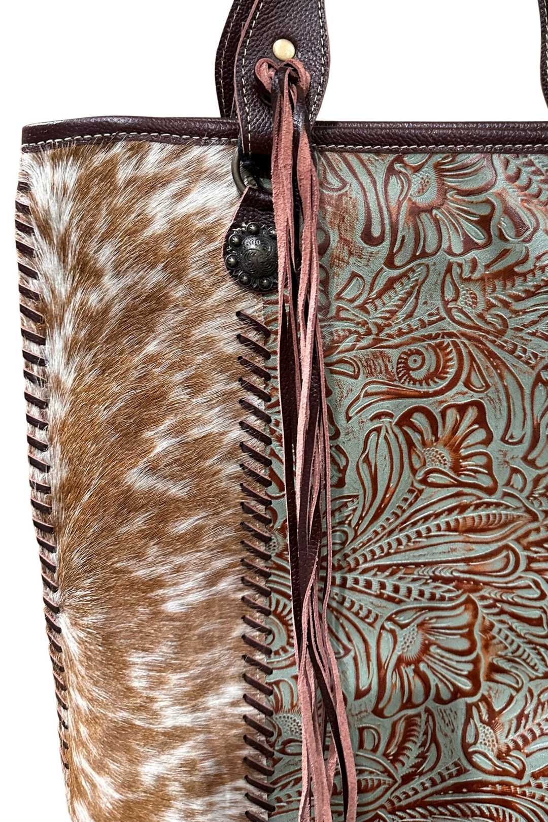 Dakota Hand-Tooled Hide Tote Brown