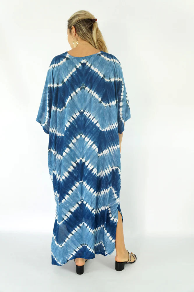 Zig Zag Tie Dye Long Kaftan - Taupe, Navy