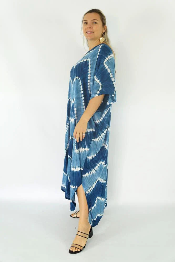 Zig Zag Tie Dye Long Kaftan - Taupe, Navy