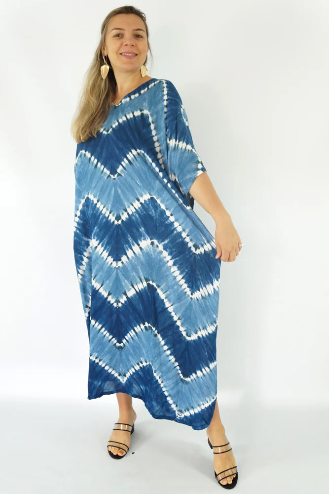 Zig Zag Tie Dye Long Kaftan - Taupe, Navy