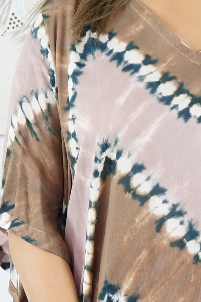 Zig Zag Tie Dye Long Kaftan - Taupe, Navy