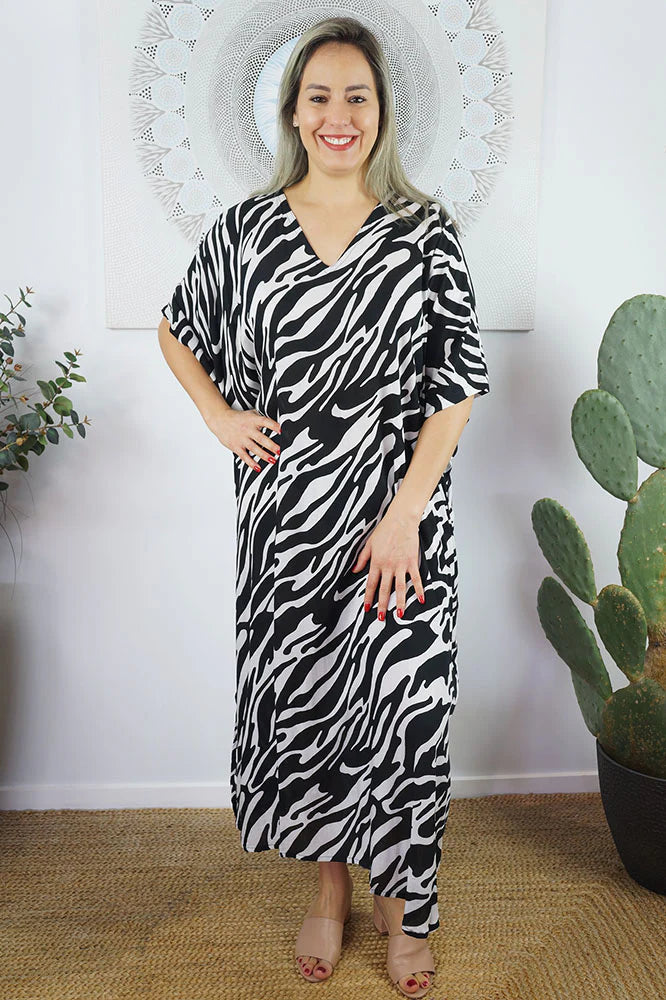 Zebra Print Long Kaftan - Black, Brown or Navy