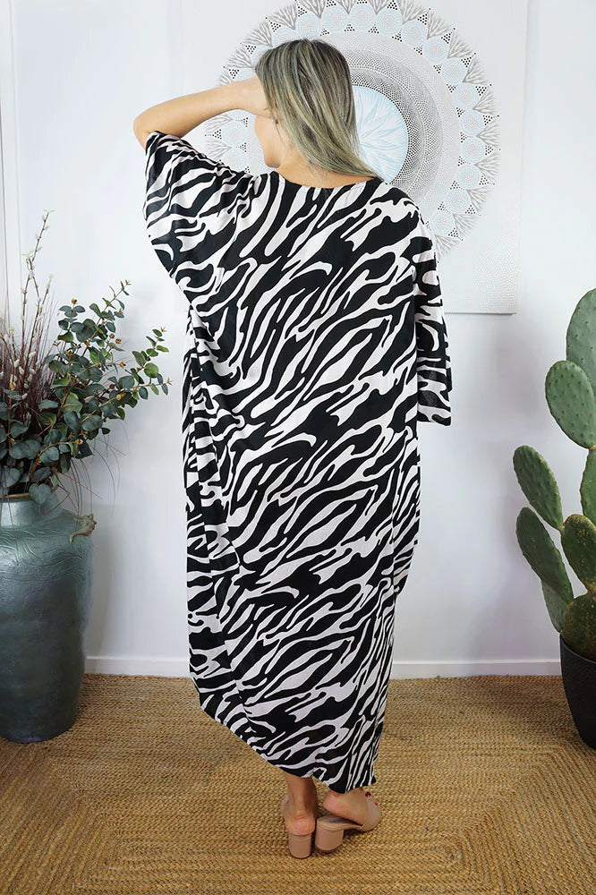 Zebra Print Long Kaftan - Black, Brown or Navy