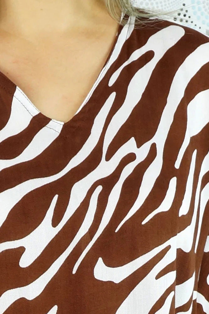 Zebra Print Long Kaftan - Black, Brown or Navy