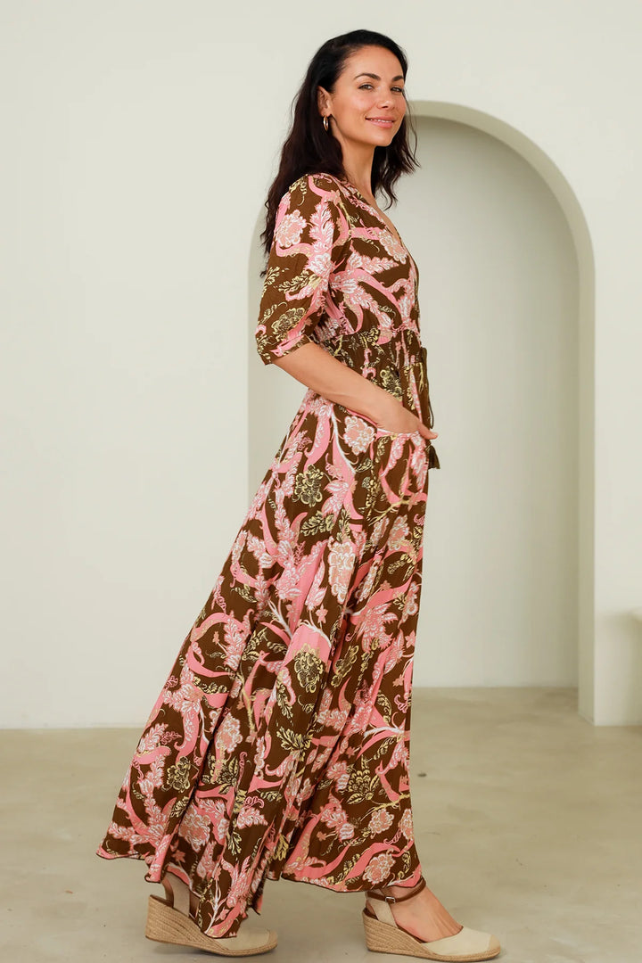 Freya Pink Brown Boho Maxi Dress