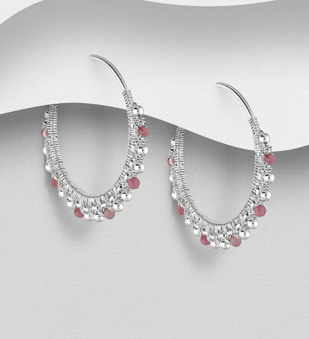 925 Sterling Silver Hoop Earrings with Pink Tourmaline - Medium