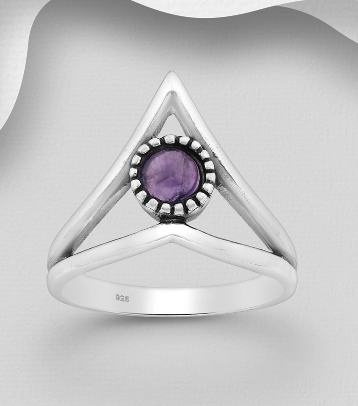 925 Sterling Silver Oxidised Chevron Ring With Amethyst  Size N (US7)