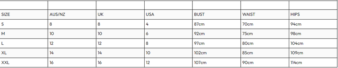 LOL size chart @ Saucy Ladies