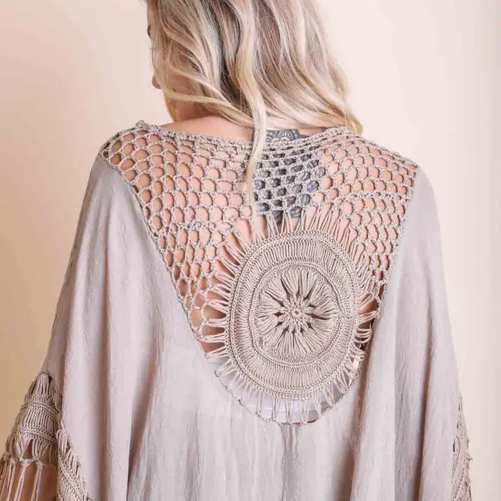 Nina Crochet Back Tasseled Short Kimono Cape