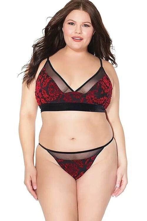 Coquette Merry Secret Black & Red Damask & Mesh Bra with Panty OS, Queen OS