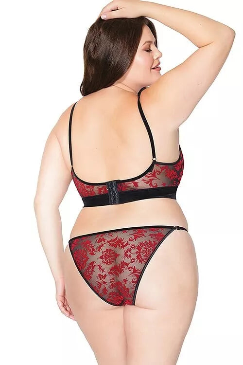 Coquette Merry Secret Black & Red Damask & Mesh Bra with Panty OS, Queen OS